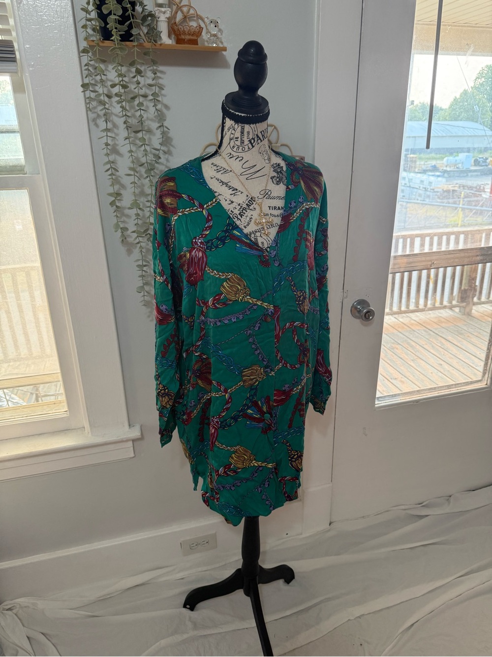 Victoria's Secret Teal-Green Long Sleeve V-Neck Print Dress 100% Silk
